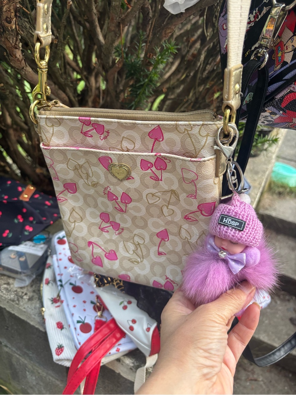 Coach Bag in Beige with Pink Heart Accents free bag charm inc not perfect